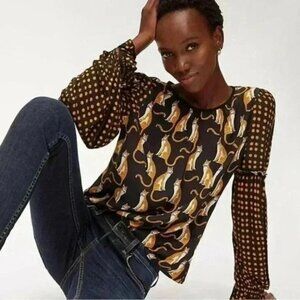 Blank London Anthropologie Black Orange Blouse Top Shirt Cat Print Women's XS
